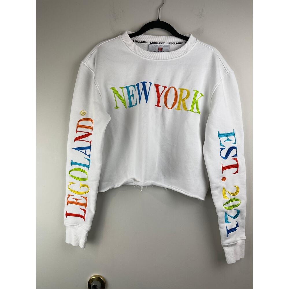 Legoland New York Crew Cropped Sweatshirt w/ Raw Hem, Rainbow Embroidery Sz S